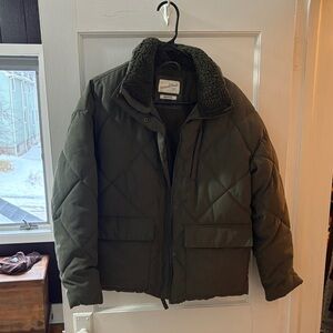 Green Quilted Puffer Jacket with Shearling Collar